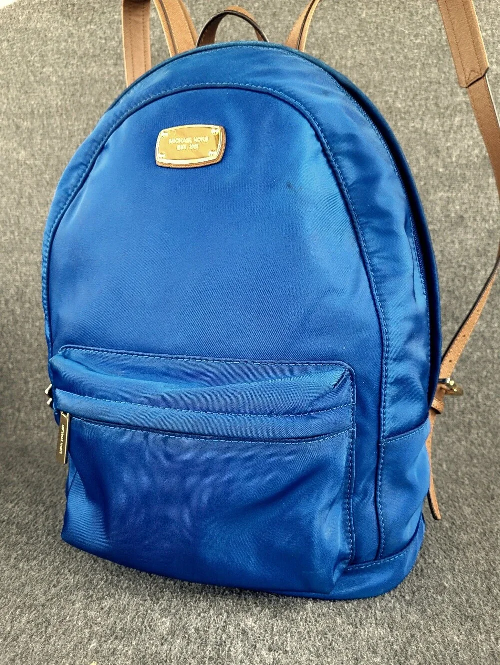 Michael Kors Jet Set Electric Blue Nylon Backpack with Tan Faux Leather Straps